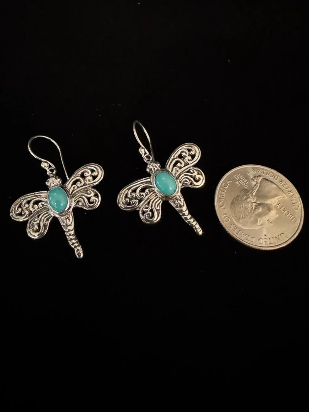 Genuine‎ Turquoise Sterling, silver Dragonfly Dangle Earrings - Women Jewelry